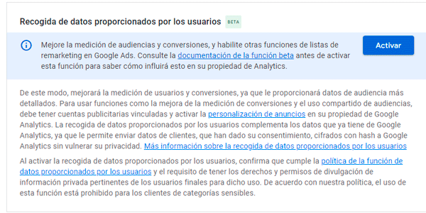 GA4 recogida de datos proporcionados por los usuarios desactivado