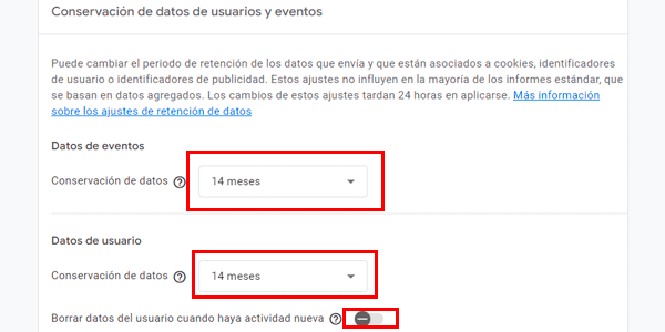 Conservación de los datos en GA4