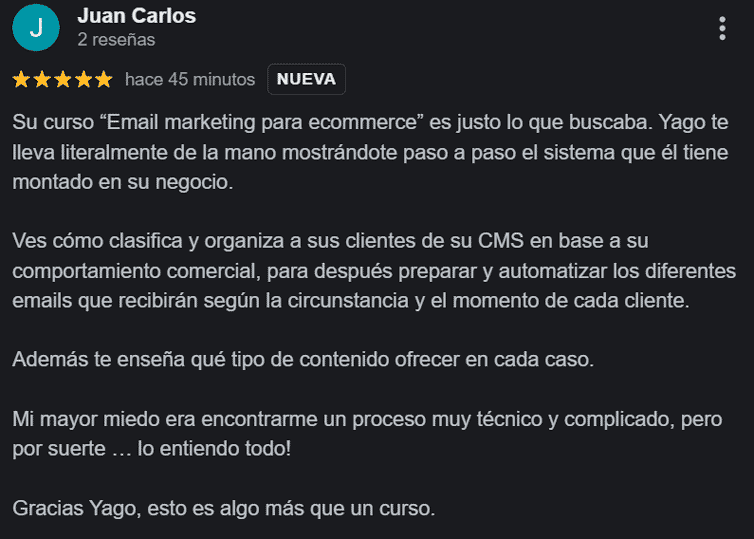 Curso email marketing para ecommerce - opinión 3