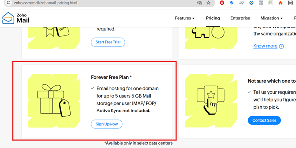 Plano gratuito do Zoho Mail