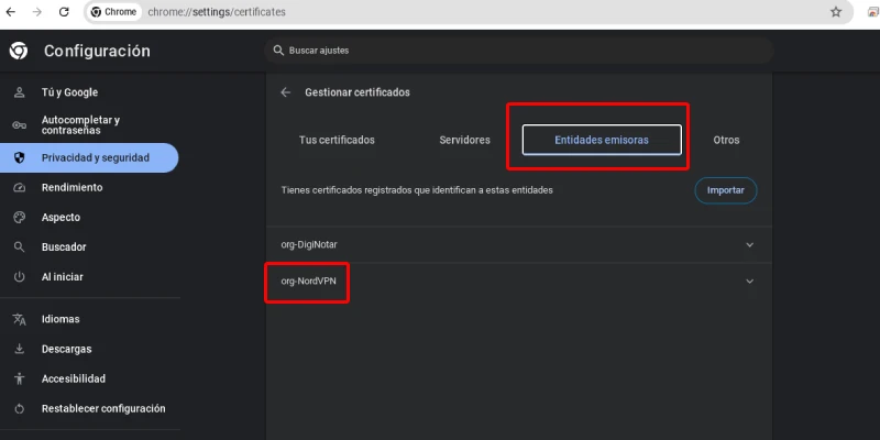 Instalar o certificado da VPN no Chrome