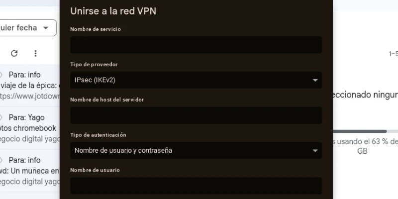 Janela de configuração da VPN