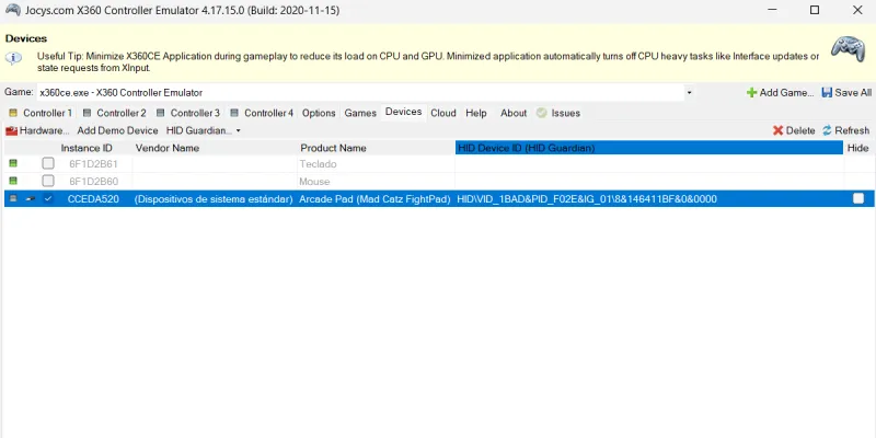 X360ce, devices tab