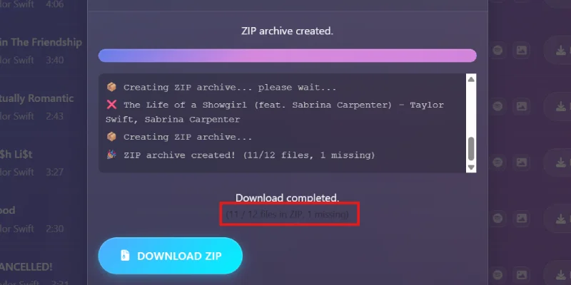 Scaricare la playlist completa in MP3 in un file ZIP