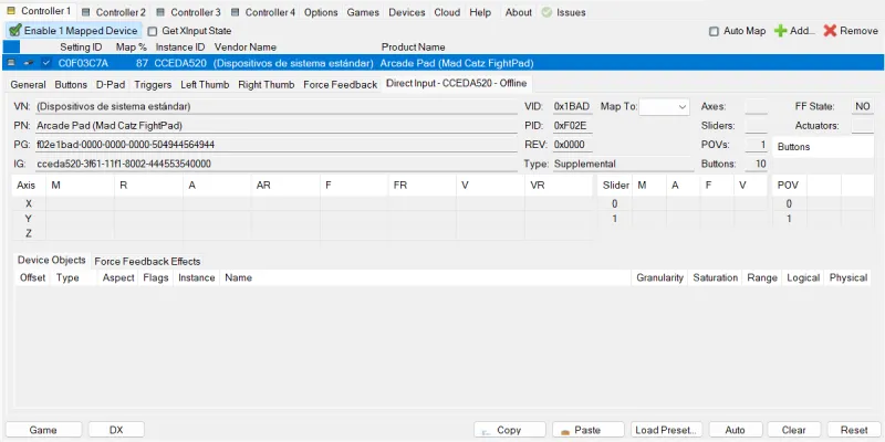 X360ce, direct input tab